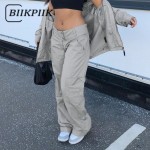 BIIKPIIK Casual Lounge Wear Straight Pants Loose Pockets Zipper Fly Mid-waisted Sweatpants Women's Trousers Solid-color Overalls