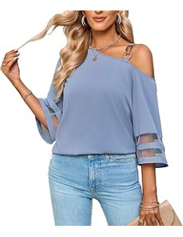 Women's Cold Shoulder Chiffon Blouse 3/4 Bell Sleeve Mesh Panel Tops Casual Loose One Shoulder Strappy Summer Shirts