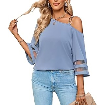 Women's Cold Shoulder Chiffon Blouse 3/4 Bell Sleeve Mesh Panel Tops Casual Loose One Shoulder Strappy Summer Shirts