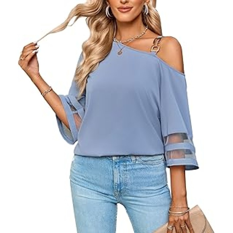 Women's Cold Shoulder Chiffon Blouse 3/4 Bell Sleeve Mesh Panel Tops Casual Loose One Shoulder Strappy Summer Shirts Women's Cold Shoulder Chiffon Blouse 3/4 Bell Sleeve Mesh Panel Tops Casual Loose One Shoulder Strappy Summer Shirts